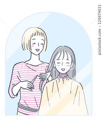 Illustration material of a woman cutting her hair at a beauty salon 129974031