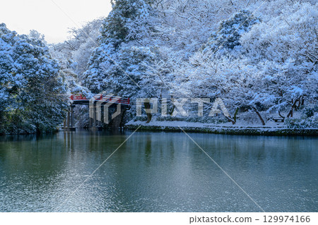 高岡城公園的護城河被大雪覆蓋 129974166