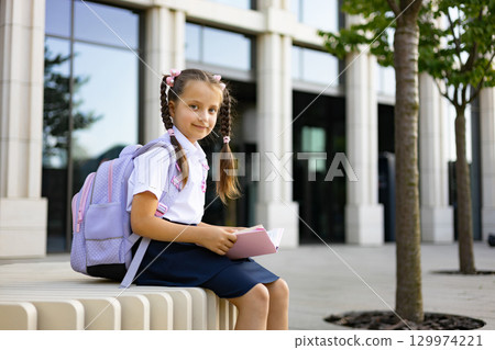 A young girl with pigtails and a backpack sits outside a school, holding a book. 129974221