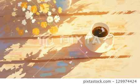 Coffee time decorated with flowers and sunlight filtering through the trees 129974424