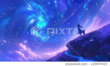 A girl's fantastic night looking up at the starry sky 129974425