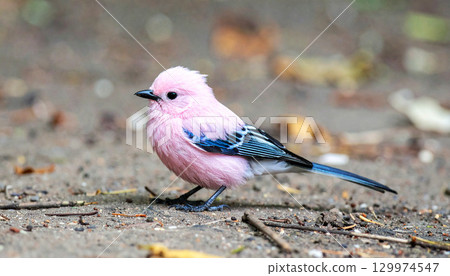 Fluffy pink bird with vibrant blue tail feathers standing on the ground, soft plumage and curious look. A surreal fantasy-like creature blending pastel colors and delicate details 129974547