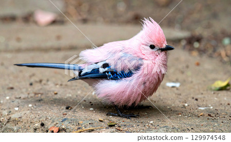 Fluffy pink bird with vibrant blue tail feathers standing on the ground, soft plumage and curious look. A surreal fantasy-like creature blending pastel colors and delicate details 129974548
