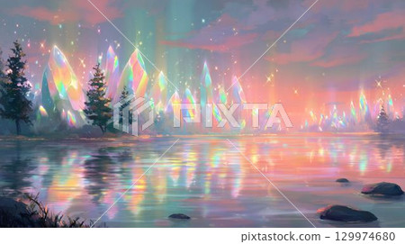 彩虹色的水晶森林與湖泊 129974680