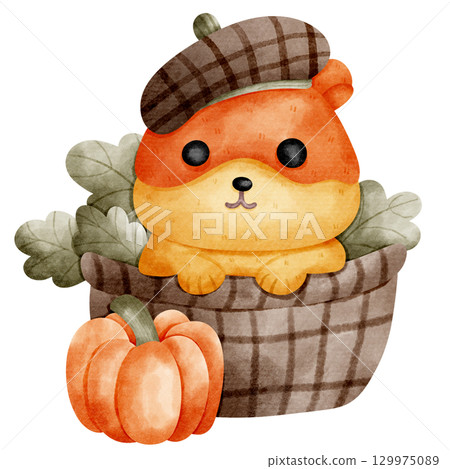 Cartoon of a hamster in a basket of vegetables and pumpkins 129975089