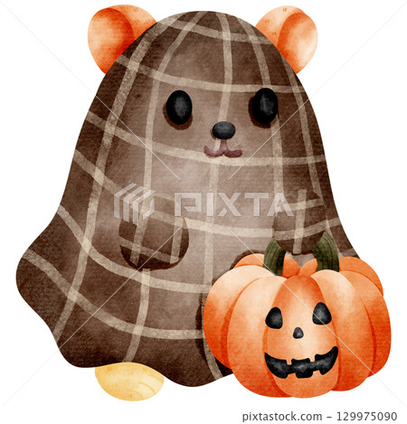 Cartoon of a little hamster ghost holding a pumpkin Cartoon of a little hamster ghost holding a pumpkin 129975090