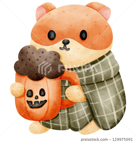 Cartoon of a hamster holding a glass of pumpkin drink Cartoon of a hamster holding a glass of pumpkin drink 129975091