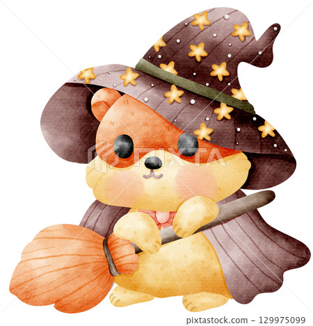 Halloween Witch Hamster and Broom Cartoon Halloween Witch Hamster and Broom Cartoon 129975099