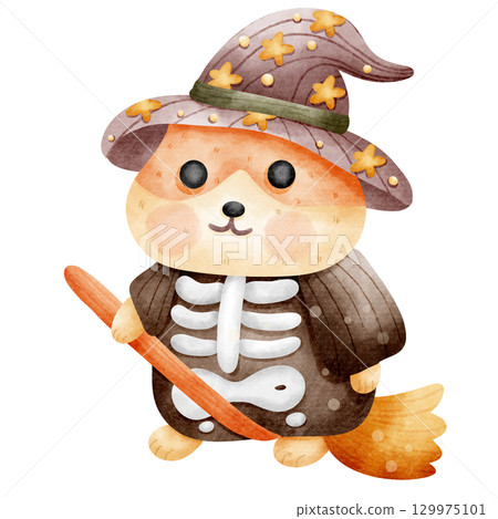 Halloween Skeleton Witch Hamster Riding a Broomstick Cartoon Halloween Skeleton Witch Hamster Riding a Broomstick Cartoon 129975101