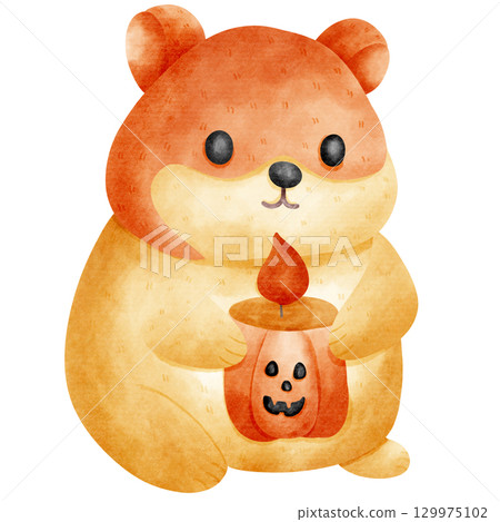 Cartoon of a hamster holding a pumpkin candlestick Cartoon of a hamster holding a pumpkin candlestick 129975102