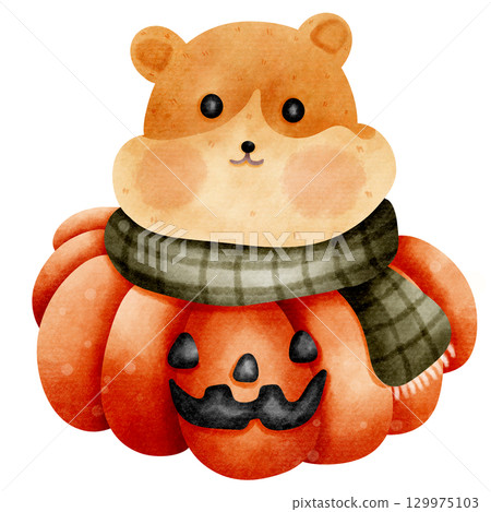 A cartoon of a hamster poking its head out of a Halloween pumpkin. A cartoon of a hamster poking its head out of a Halloween pumpkin. 129975103
