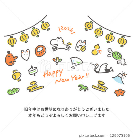 以白馬和新年節日為主題的可愛日式新年賀卡 2026 廣場，適用於 SNS 和 Instagram 129975106