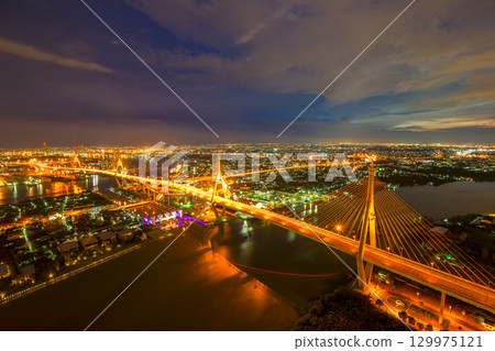 Bangkok City - Beautiful sunset view of Bhumibol Bridge,Thailand Bangkok City - Beautiful sunset view of Bhumibol Bridge,Thailand 129975121