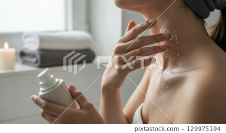 Woman Applying Cream to Neck and Decollete 129975194