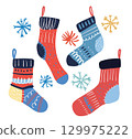 Christmas socks set. Flat cartoon winter holiday clothing element with patterns and ornaments. Vector illustration set of festive colorful socks, winter decor. 129975222