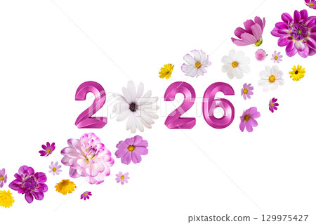 Blue numbers 2026 New Year and flowers isolated on a white background. Simple and clean design Happy New Year and Merry Christmas. Blue numbers 2026 New Year and flowers isolated on a white background. Simple and clean design Happy New Year and Merry Christmas. 129975427