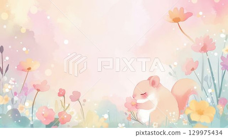 一隻松鼠在花田和柔和的燈光下睡覺的插圖 129975434