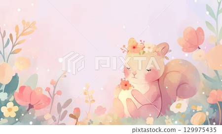 一隻戴著花冠和花的松鼠的幻想插圖 129975435