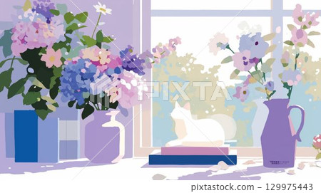 A gentle illustration of a white cat by the window with a vase A gentle illustration of a white cat by the window with a vase 129975443