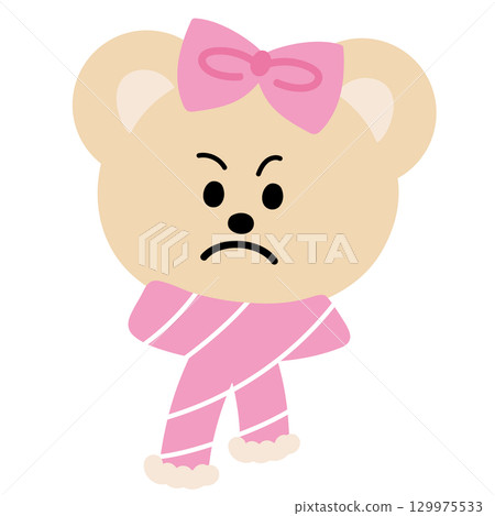 Cute Christmas illustration of grumpy teddy bear wearing pink scarf and pink ribbon for Christmas decoration, festive winter season, sticker, animal, zoo, cartoon character, expression, mood, costume 129975533