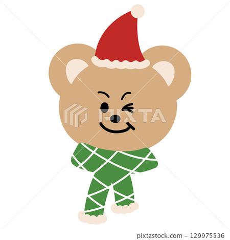 Cute Christmas illustration of teddy bear with wink eye wearing green scarf and Santa hat for Christmas decoration, festive winter season, sticker, animal, zoo, souvenir shop, cartoon characters 129975536