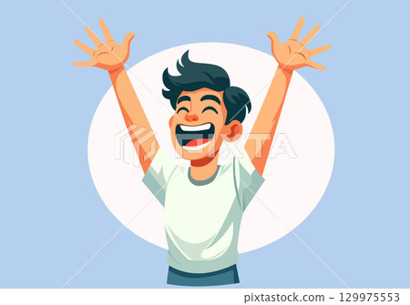 Flat illustration of a happy boy raising his hands and laughing.  129975553