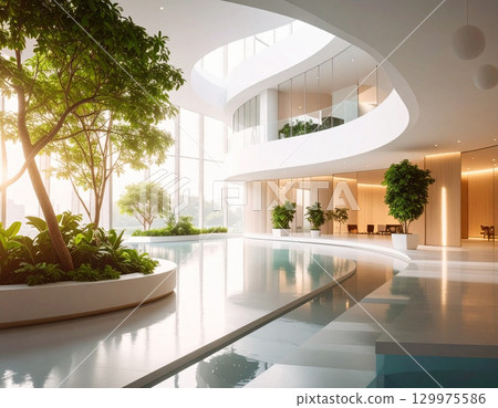 都市中的休閒空間，室內裝潢有植物和水。 129975586