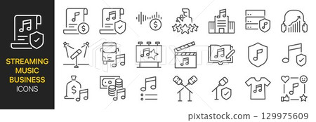 Streaming Music Business icon set. It included royalty, licensing, concert, single, and more icons. 129975609