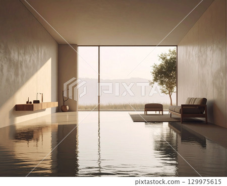A minimalist space nestled by the water A minimalist space nestled by the water 129975615
