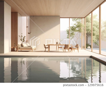 A minimalist space nestled by the water A minimalist space nestled by the water 129975616