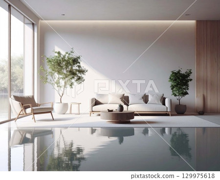 A minimalist space nestled by the water 129975618