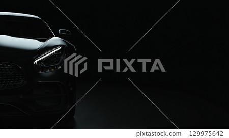 A sleek, high-end black luxury sports car displayed against a dramatic black background in banner format. Generative AI 129975642