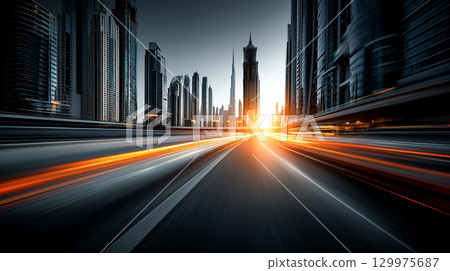 Dynamic motion blur of a futuristic city highway at sunrise, with glowing light trails speeding between tall skyscrapers under a dramatic sky. 129975687