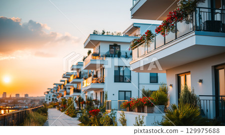 Modern waterfront apartments at sunset with blooming balcony flowers and lush greenery, creating a serene and luxurious residential atmosphere. 129975688