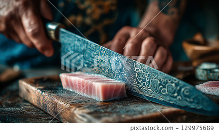 A skilled chef slices raw tuna with a patterned Japanese Damascus knife on a rustic wooden board, showcasing culinary precision and artisanal craftsmanship. 129975689