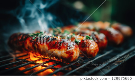 Close-up of sizzling grilled sausages on a hot barbecue grill with flames and smoke, garnished with herbs and cooked to juicy perfection at an outdoor BBQ. 129975690