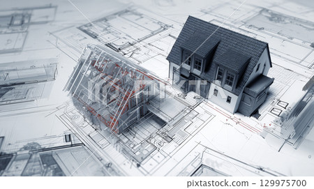 A highly detailed 3D rendering of a house construction project placed over architectural blueprints, representing modern building design, precise planning, and advanced engineering. Generative AI 129975700