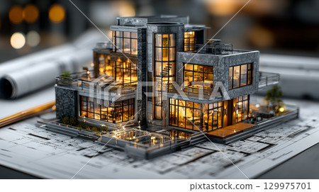 A highly detailed 3D rendering of a house construction project placed over architectural blueprints, representing modern building design, precise planning, and advanced engineering. Generative AI 129975701