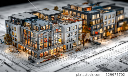 A highly detailed 3D rendering of a house construction project placed over architectural blueprints, representing modern building design, precise planning, and advanced engineering. Generative AI 129975702