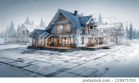 A highly detailed 3D rendering of a house construction project placed over architectural blueprints, representing modern building design, precise planning, and advanced engineering. Generative AI 129975703
