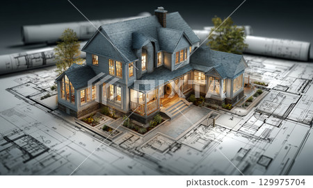 A highly detailed 3D rendering of a house construction project placed over architectural blueprints, representing modern building design, precise planning, and advanced engineering. Generative AI 129975704