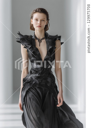 Young foreign woman in black luxury fashion dress Young foreign woman in black luxury fashion dress 129975708