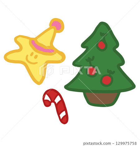 Hand drawn Christmas tree, candy cane, star for Christmas and New Year decoration, ornament, card print, sticker, festive winter, cute patches, shirt print, happy holidays, department store, brooch Hand drawn Christmas tree, candy cane, star for Christmas and New Year decoration, ornament, card print, sticker, festive winter, cute patches, shirt print, happy holidays, department store, brooch 129975758