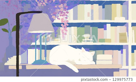 一隻白貓在燈和書架前睡覺的插圖 一隻白貓在燈和書架前睡覺的插圖 129975773