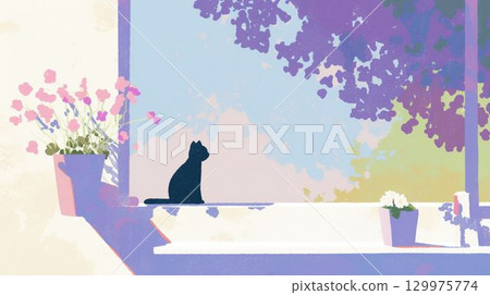 Silhouette of a black cat looking outside next to a flower pot Silhouette of a black cat looking outside next to a flower pot 129975774