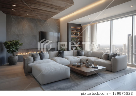 Contemporary living room with comfortable sofas and city views 129975828