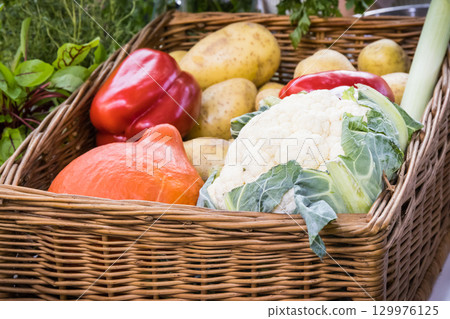Fresh vegetables in basket as ingredients containing minerals and vitamins 129976125
