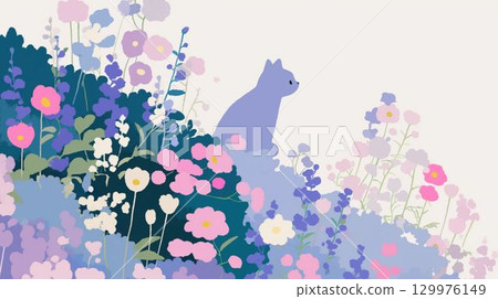 一隻貓凝視著花田的插圖 129976149
