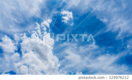 Solar halo phenomenon and many white clouds flowing in two layers 129976212