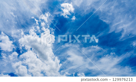 Solar halo phenomenon and many white clouds flowing in two layers 129976213